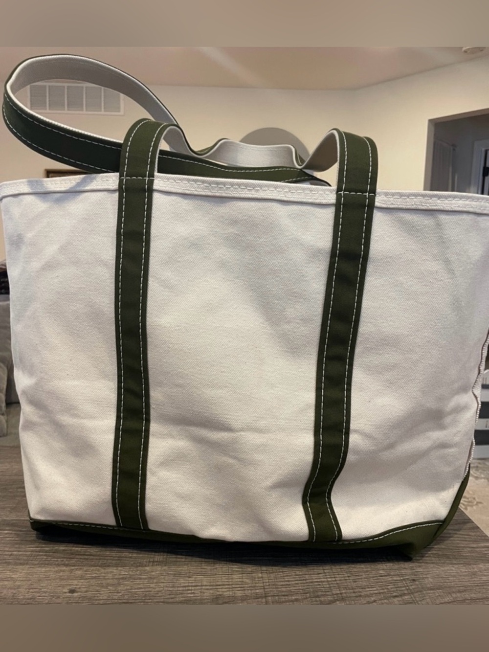 LL Bean Zip Top Tote Bag with Olive Trim